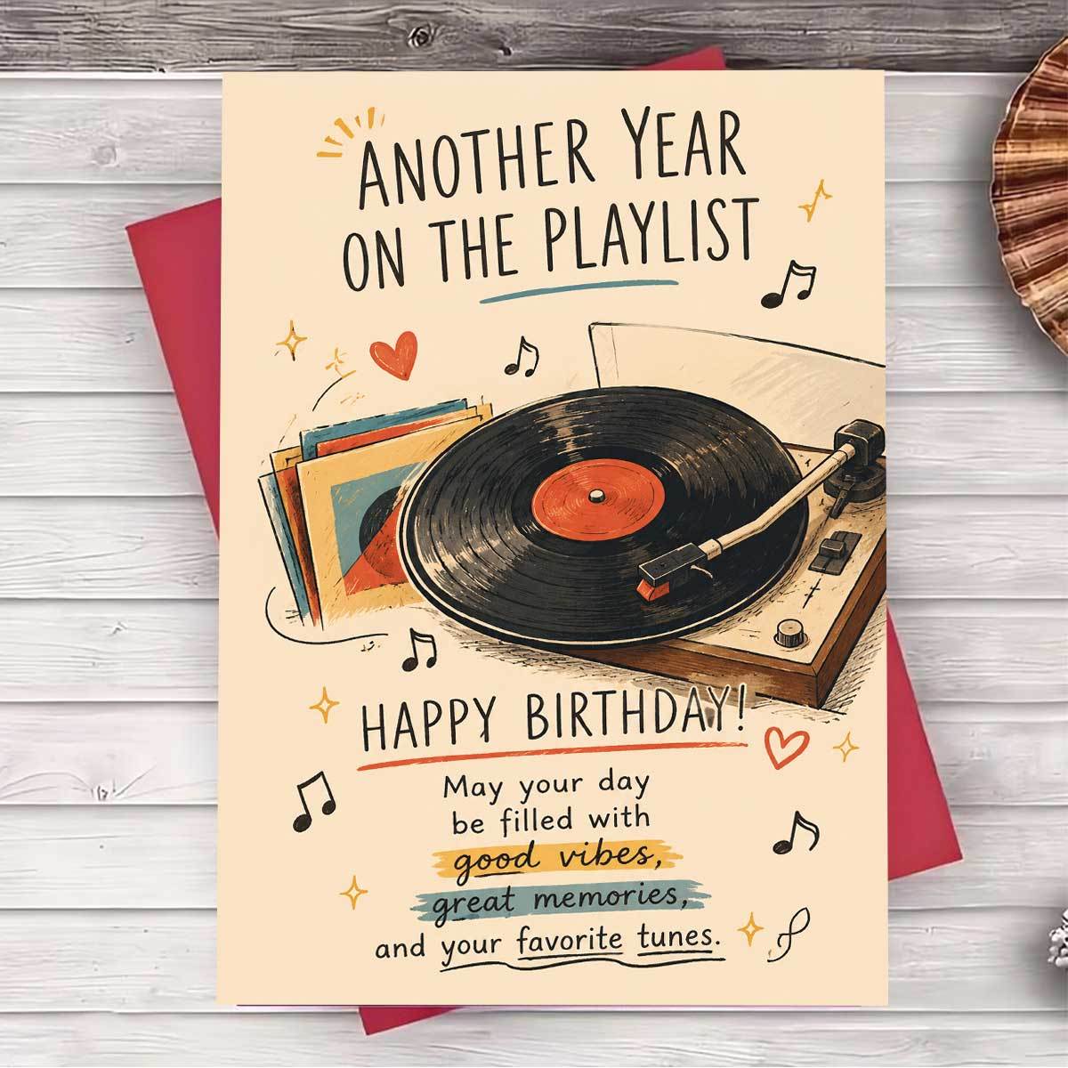 TEMU 1 Greeting Card + 1 Envelope. 2d Flat 1pc Vintage-style Birthday Card Featuring A Vinyl Record Player, Vinyl Records, And Musical Notes, Printed