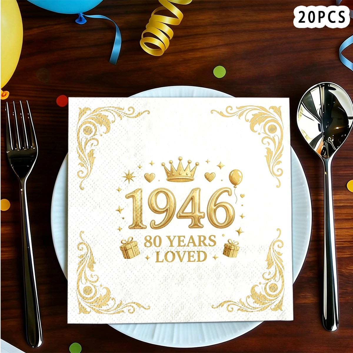 TEMU Lot de 20 serviettes de fête à 2 épaisseurs sur le thème du 80e anniversaire pour personnes nées en 1946, mouchoirs carrés, adaptées pour de
