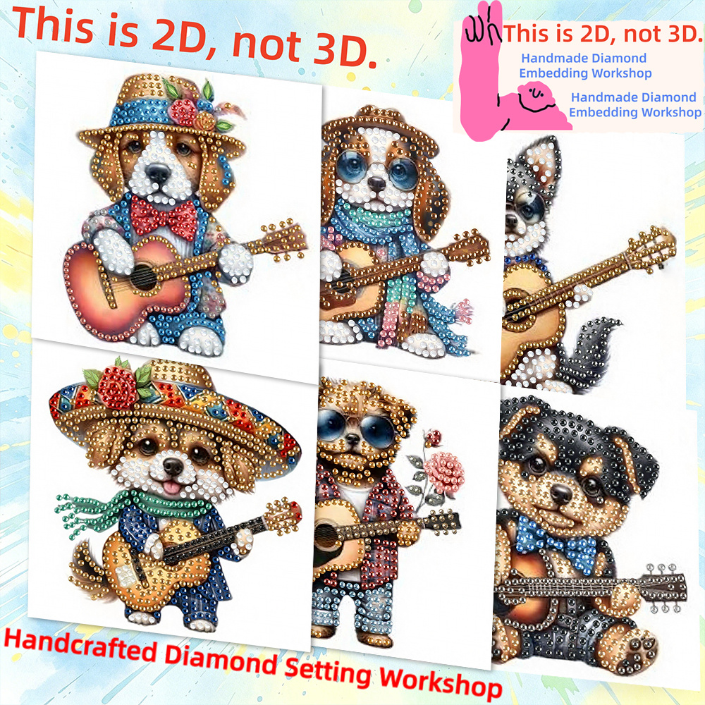 TEMU 6pcs 6pcs Handmade Diamond Painting & Greeting Card Set Suitable For Birthdays, Christmas, New Year Gifts - Vintage Musician Puppy Mosaic Art
