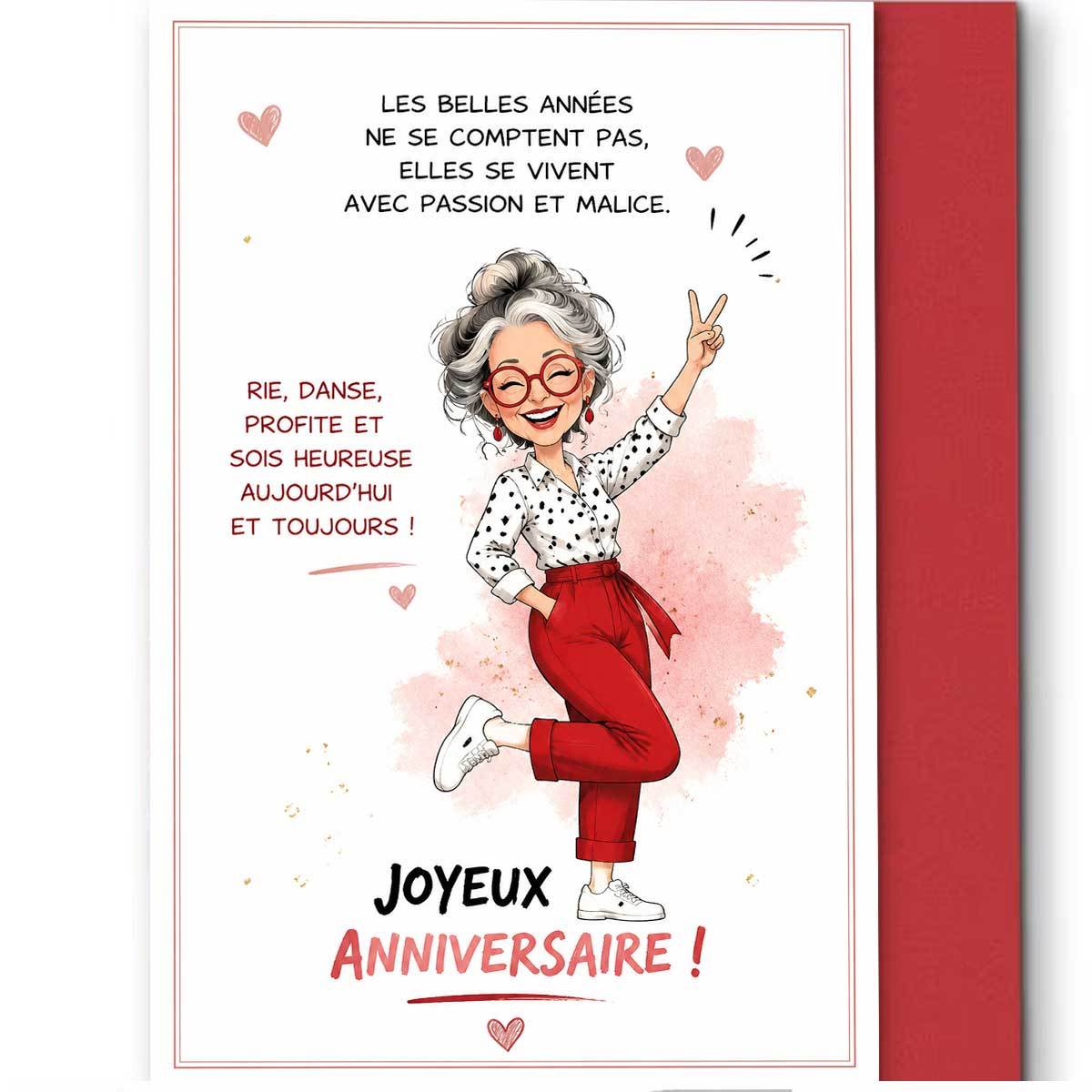 TEMU 1 Carte de vœux d'anniversaire et pour femme, représentant une dame aux cheveux argentés avec des lunettes à bordure rouge, un pantalon rouge et