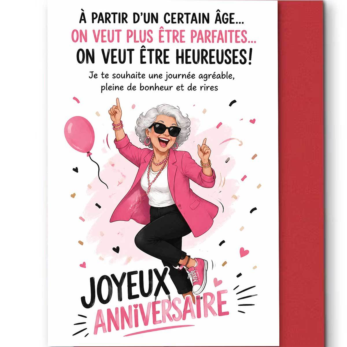 TEMU 1pc Exquisite And Stylish Women's Birthday Greeting Card, Featuring A In Fashion Glasses And A Pink Coat Jumping Cheerfully, With A Background