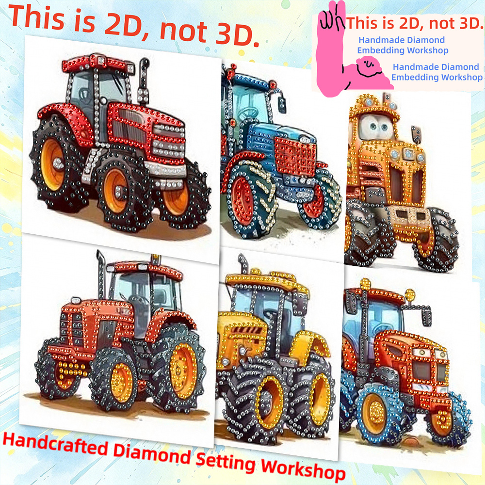 TEMU 6pcs Unique And Creative Tractor-themed Greeting Cards, Featuring Fun And Cute Painted Design. Round Rhinestone Painting Card Handmade Kit