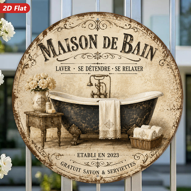 TEMU 2d Flat, 1pc Vintage Bath Round Metal Sign Wall Art, Clawfoot Tub, Maison De Bain , French Theme, Suitable For Bedroom Dining Room, Home Decor,