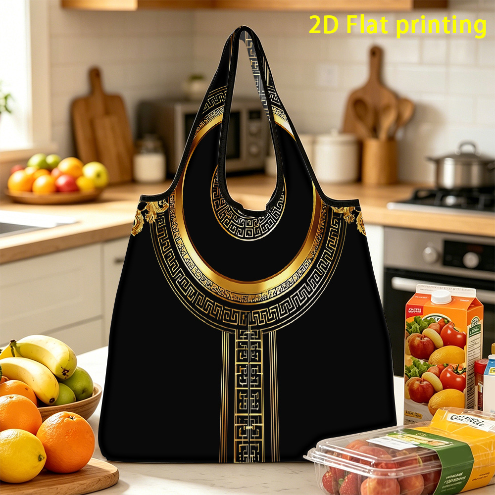 TEMU [printed Design – Not Textured] 1pc, Luxury Golden Decor Large Capacity Foldable Shopping Bag, Reusable, Suitable For Storage, For Essential