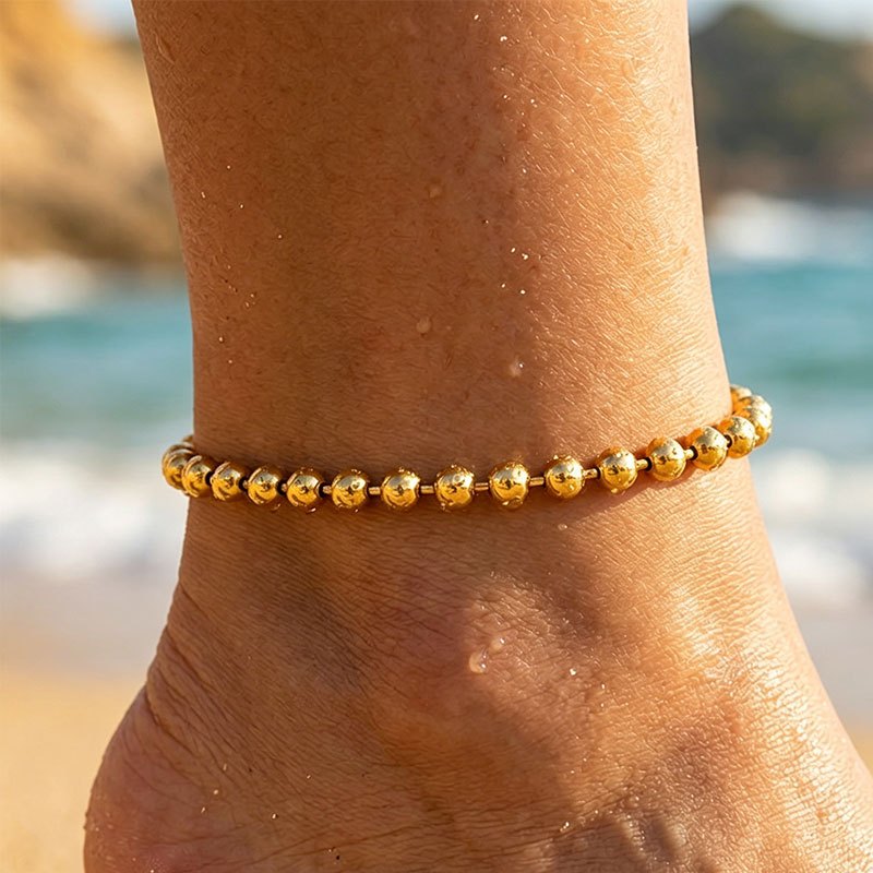 TEMU Minimalist Beaded Chain Anklet, Unisex Waterproof Adjustable Stainless Steel Foot Jewelry, Versatile For Beach Vacations, Daily Commutes,