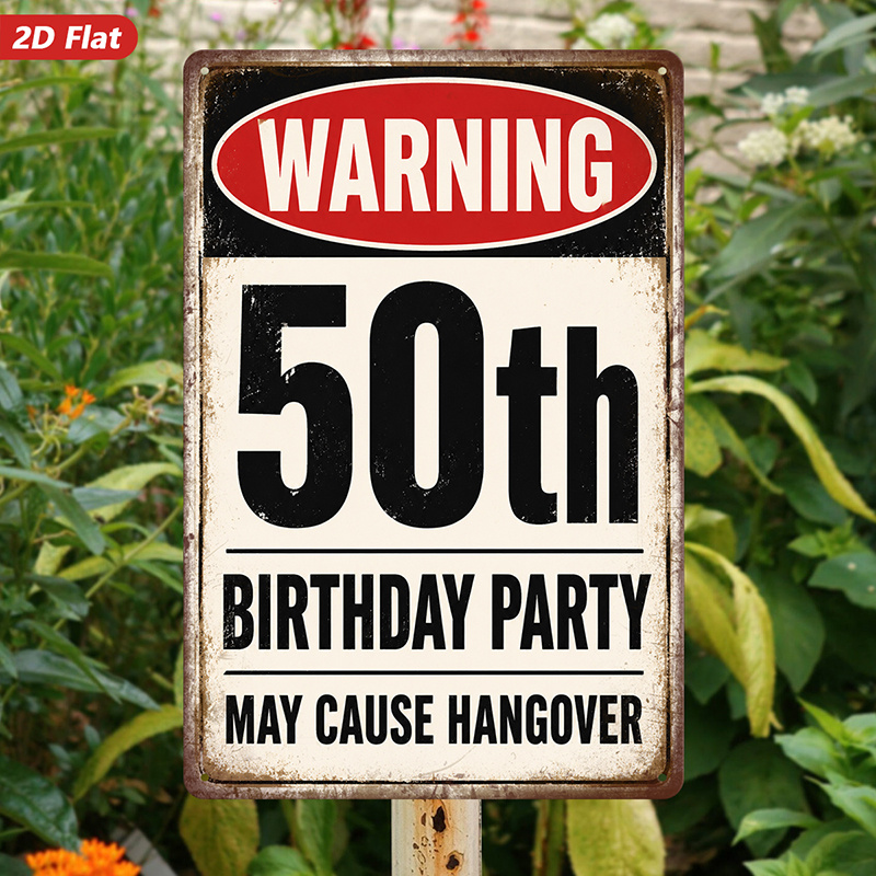 TEMU 2d Flat, 1pc Metal Sign Wall Art, Vintage Metal Sign, 50th Birthday For Party Text, Warning Design, Home Decor, For Party Venues, Bars, Safe