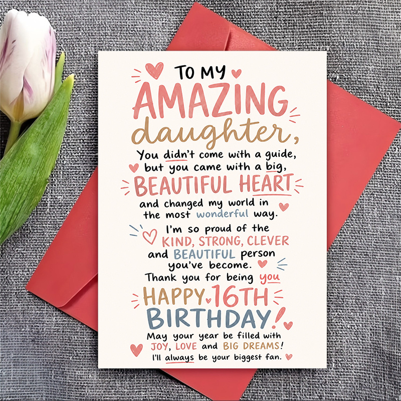 TEMU 1 Greeting Card + 1 Envelope. 2d Flat Greeting Card, Happy 16th Birthday Card, For A Daughter, With Wishes, A Sweet 16th Birthday Celebration