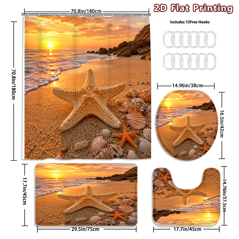 4pcs Starfish Beach Sunset Shower Curtain Set with Seashells
