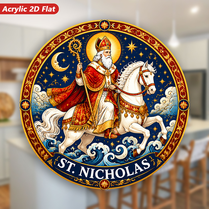 TEMU 2d St. Art Acrylic Round Magnetic Refrigerator Magnet, 1-pack, St. Lettering, On White Horse, Golden Halo, Kitchen Decor, And Stars, Home,
