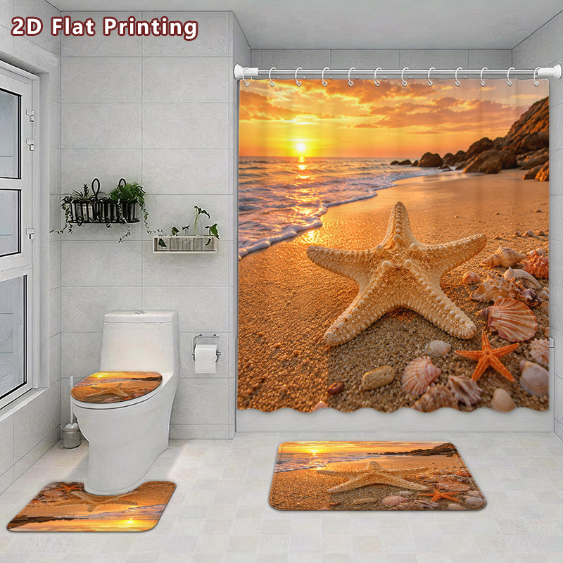 4pcs Starfish Beach Sunset Shower Curtain Set with Seashells