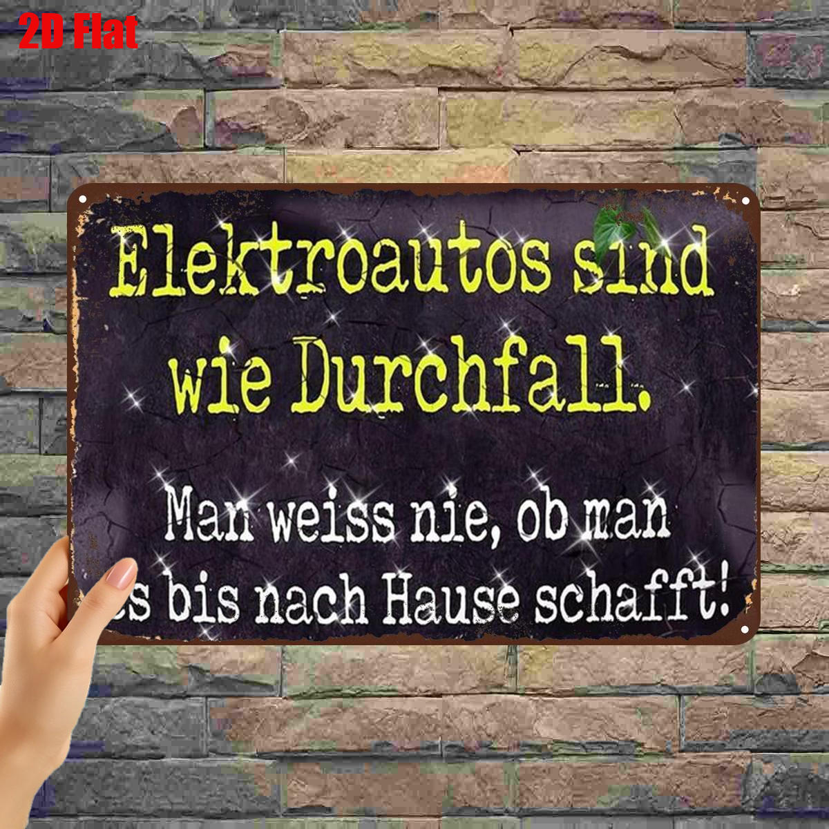 TEMU 2D-Flach, 2D-Flach ., „Elektroautos sind wie Durchfall – man weiß nie, ob man es nach Hause ! Lustiges deutsches Metallschild-Kunstwerk“, 8×12