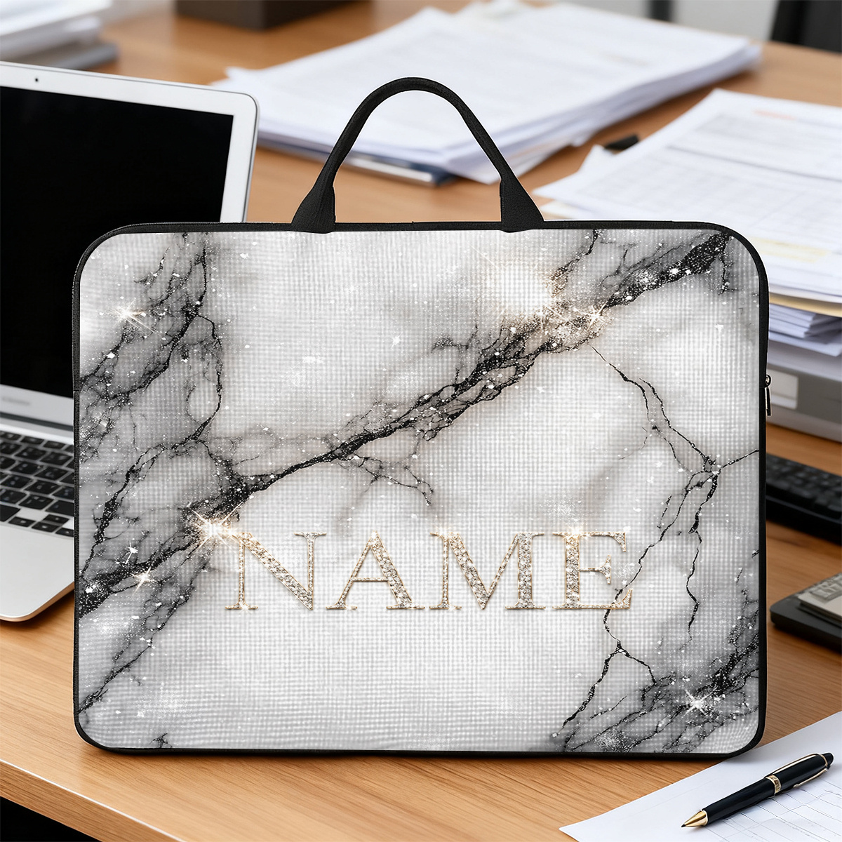 Customized Marble Glitter Nameplate Laptop Bag with Handle