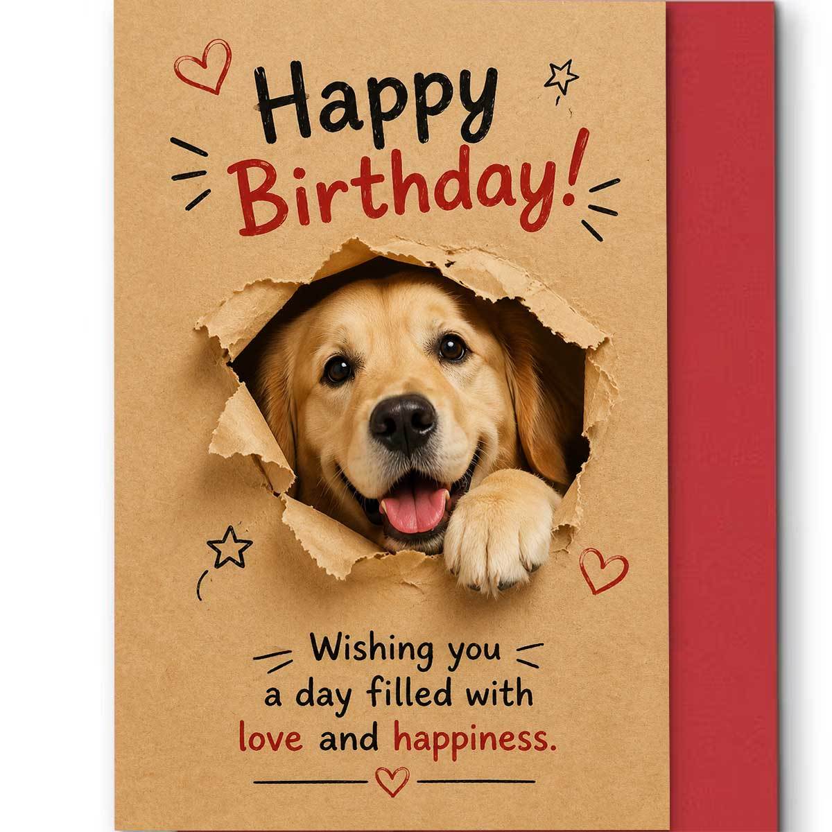 TEMU 1pc Warm And Cute Golden Retriever Birthday Card, Featuring A Golden Retriever Peeking Out With A Paw Extended On A Brown Paper Background, With