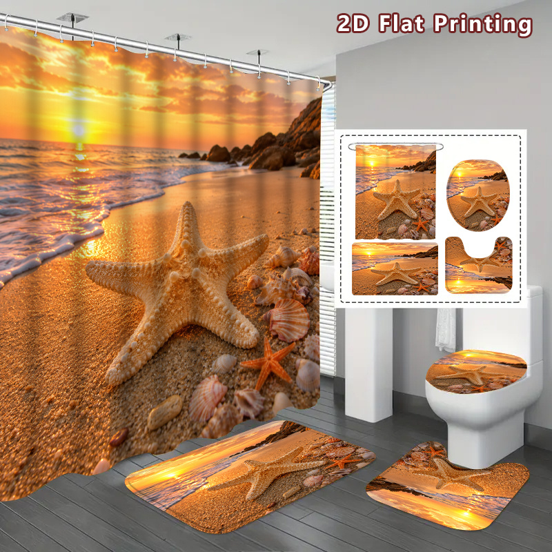 4pcs Starfish Beach Sunset Shower Curtain Set with Seashells