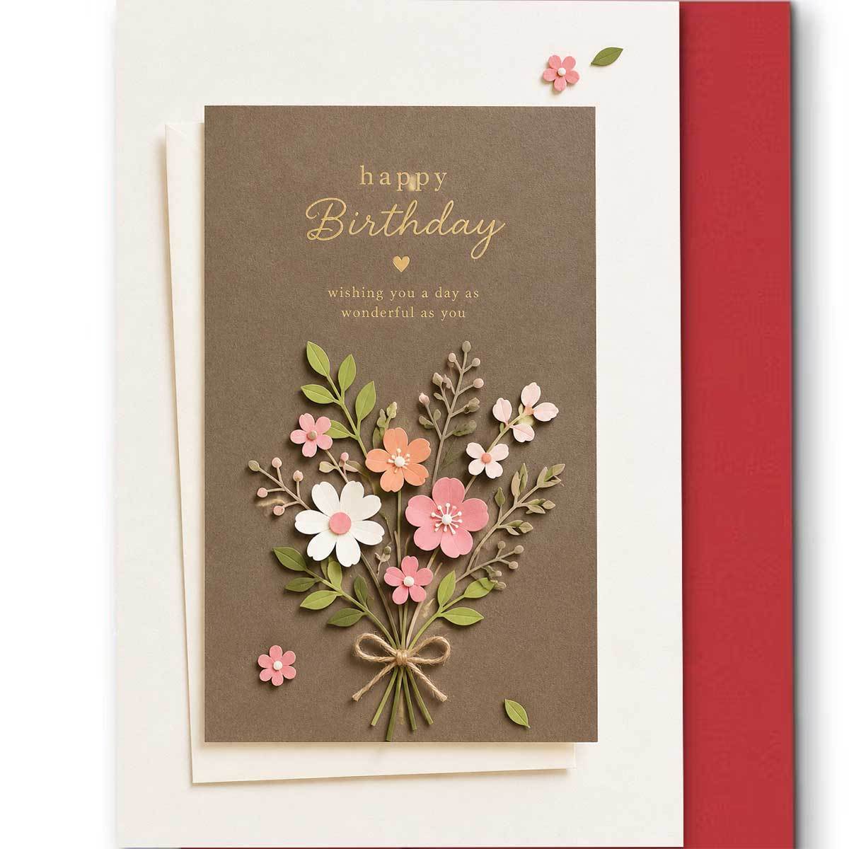 TEMU 1pc Exquisite 3d Bouquet Birthday Card, Dark Brown Background With Fresh Pink And White Paper Flowers, Tied With Jute Ribbon Bow, Printed "happy