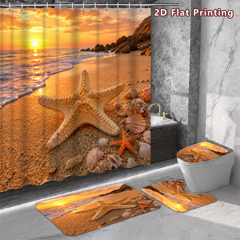 4pcs Starfish Beach Sunset Shower Curtain Set with Seashells