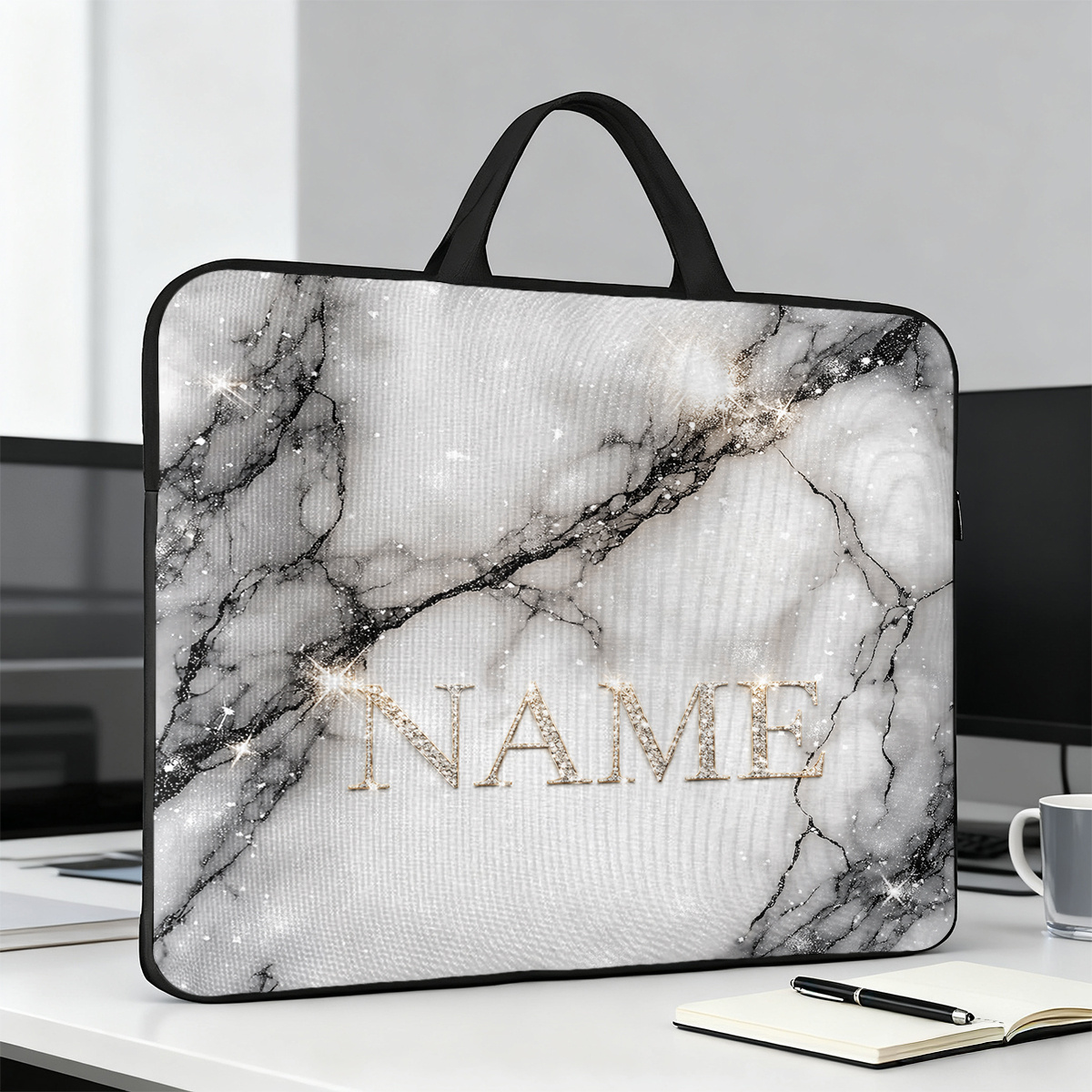 Customized Marble Glitter Nameplate Laptop Bag with Handle