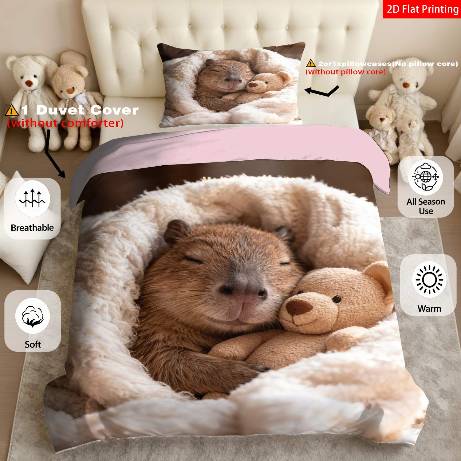 TEMU 2/3pcs 2d Flat Printing Cozy Animal Themed Quilt Cover Bedding With Multiple Base Colors Featuring Capybara And Teddy Bear Print (1 Duvet Cover