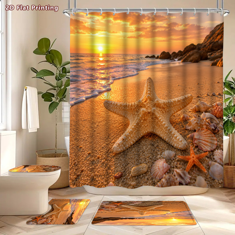 4pcs Starfish Beach Sunset Shower Curtain Set with Seashells