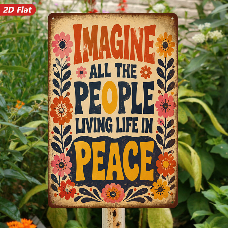TEMU 2d Flat, 1pc Metal Sign Wall Art, Vintage - Style Floral Decor, Inspirational Quote " All In Peace", Home Decor, For Living Room, Office, Safe