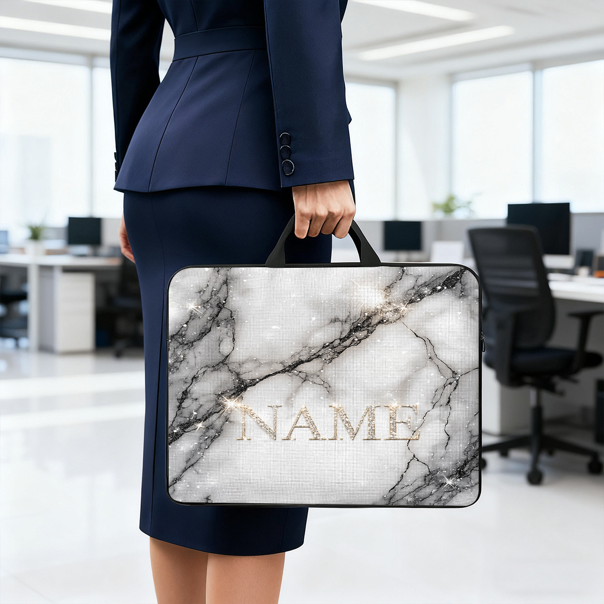 Customized Marble Glitter Nameplate Laptop Bag with Handle