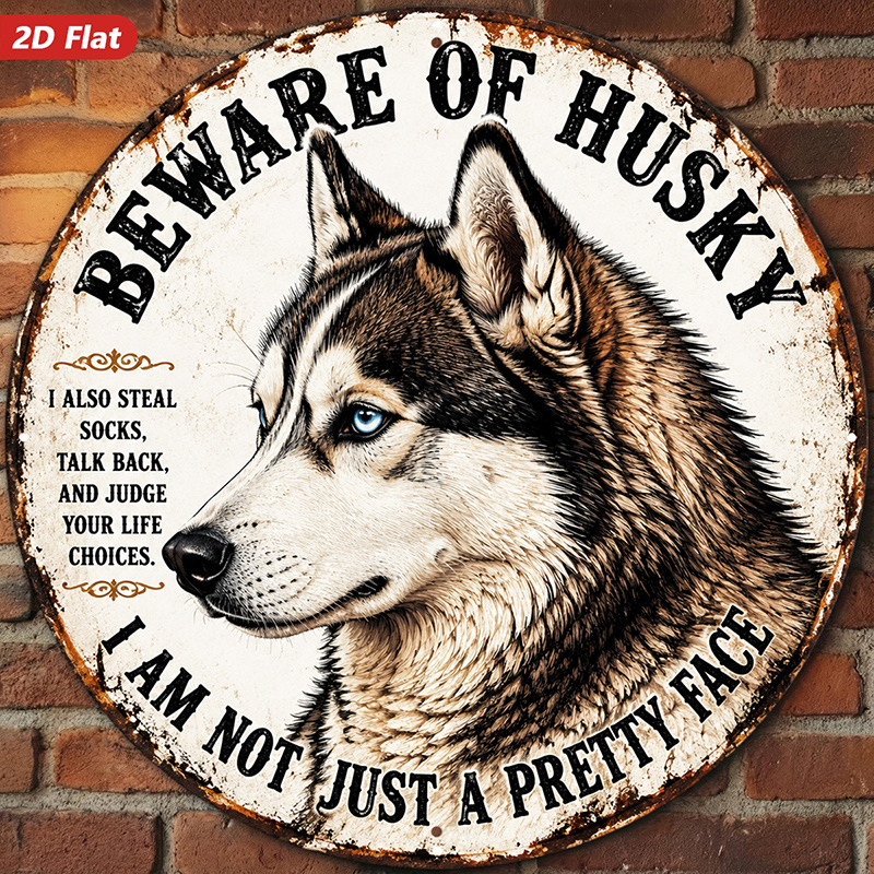 TEMU 2d Flat, 1pc Husky Humor Round Metal Sign Wall Art, Husky Portrait, Beware Of Husky Quote, Home Decor, Sock Stealing Attitude, Blue Eye Detail,