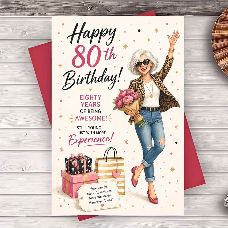 TEMU 1pc Envelope And 1pc Greeting Card 80th Birthday Greeting Card For Women Elegant Flat Card For Grandma Mom Or Friend Milestone Celebration Gift