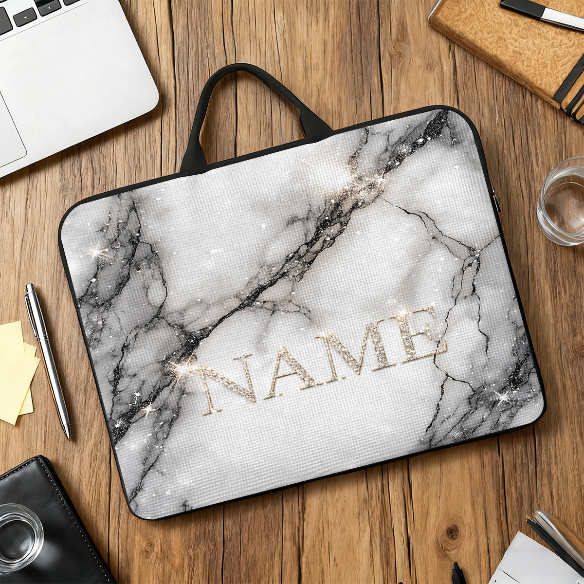 Customized Marble Glitter Nameplate Laptop Bag with Handle