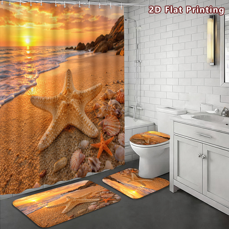 4pcs Starfish Beach Sunset Shower Curtain Set with Seashells