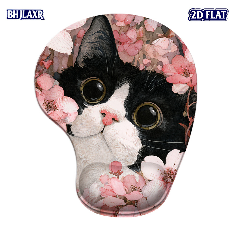 TEMU 1pc 2d Flat Cute Tuxedo Cat Sakura Blossoms Silicone Ergonomic Mouse Pad With Wrist Rest, 8.98*7.56inch, Anti-slip Pu Base, & Durable For