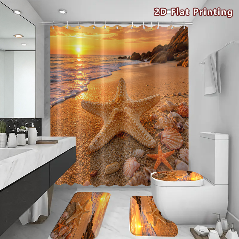 4pcs Starfish Beach Sunset Shower Curtain Set with Seashells