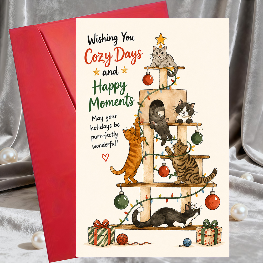 TEMU 1 Greeting Card + 1 Envelopecute Cat Christmas Greeting Card For Festive Card With Cats Playing On Tree For Cat Lovers And Pet Ownersgreeting