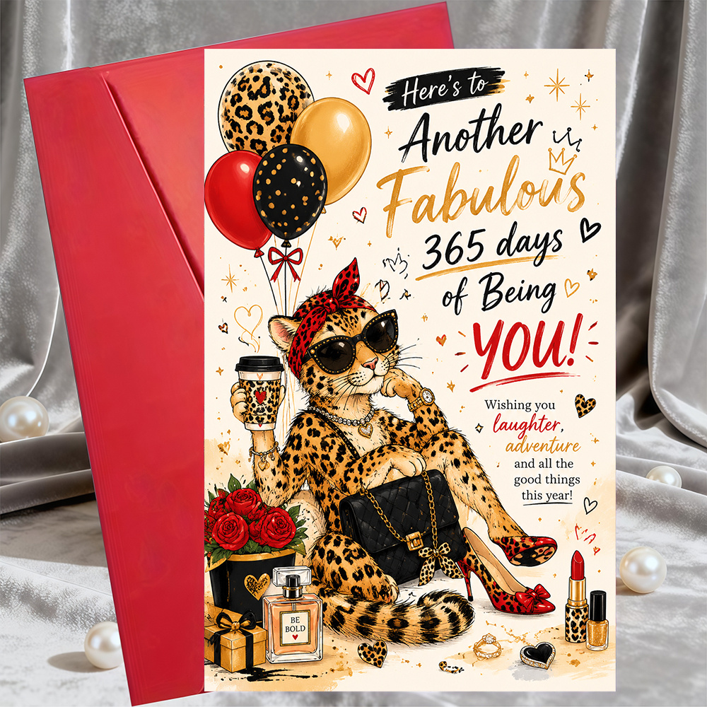 TEMU 1pc Greeting Card And 1pc Envelope Fabulous Leopard Print Birthday Greeting Card For Her Stylish Birthday Celebration Flat Paper Card For Best