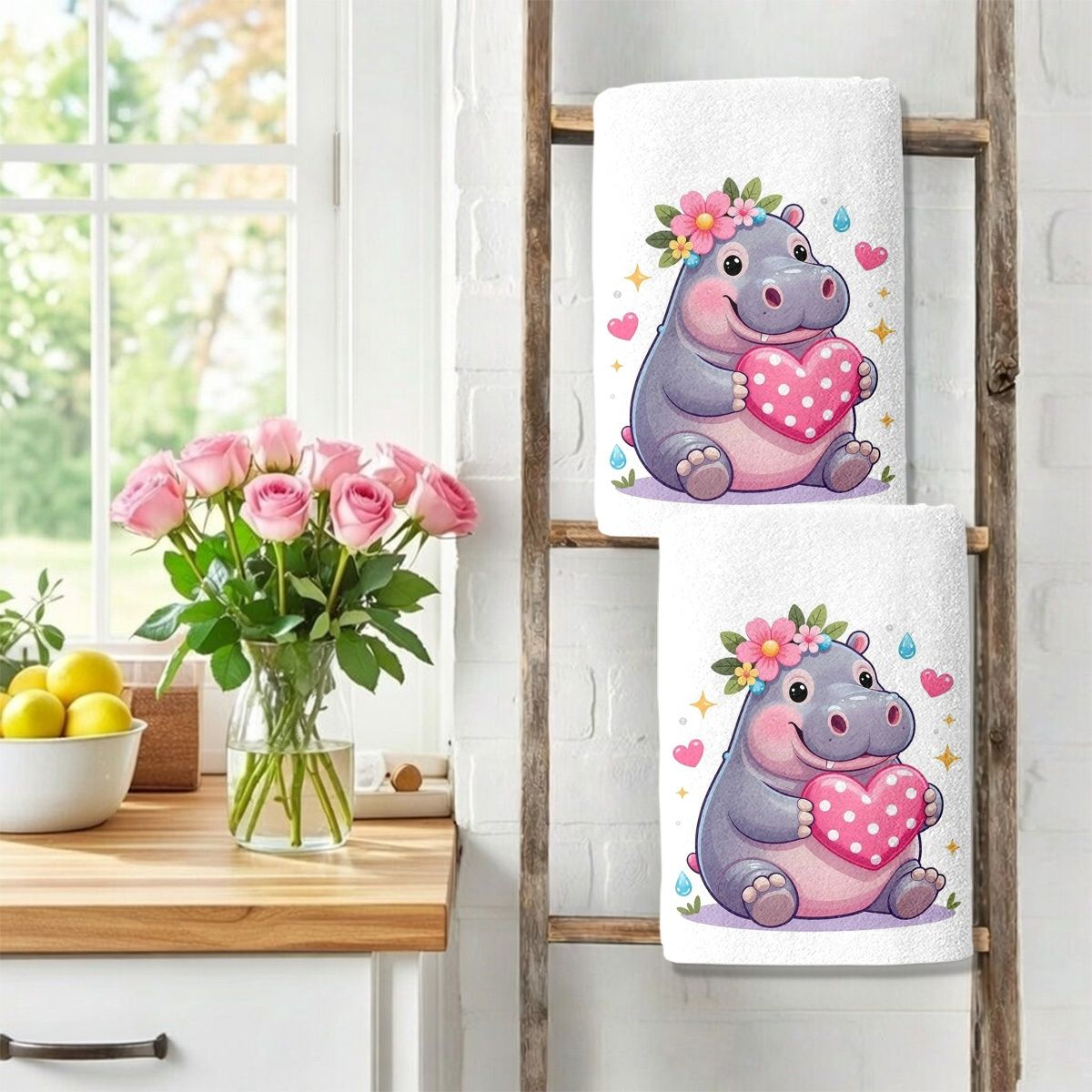 TEMU 2pcs Pack Hippo-themed Kitchen Towels Suitable For Household Use, Soft Microfiber Dish Cloths With Retro Hippo Design, Absorbent Bath & Cleaning