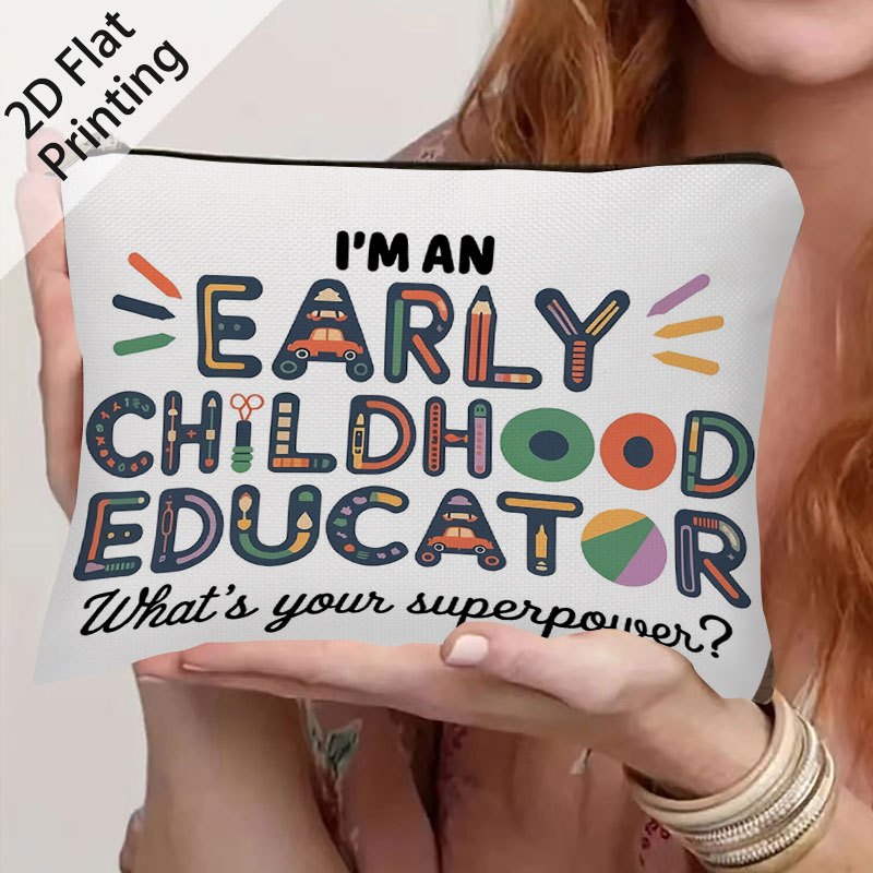 TEMU 1pc Early Childhood Educator Themed Zippered Travel Bag - Double-sided Teacher Print Toiletry Organizer & Makeup Case Suitable For,,, Gift For