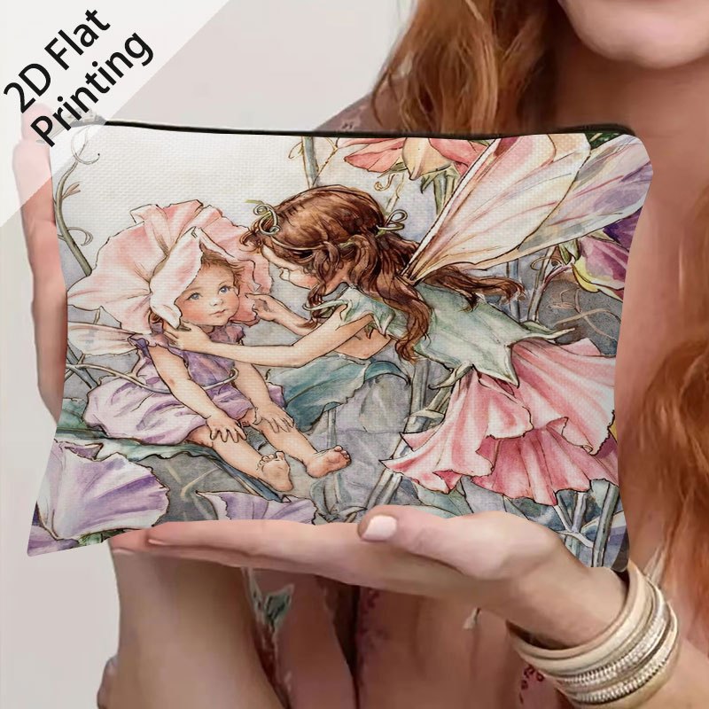 TEMU 1pc, Floral Fairy Pattern 2d Flat Printing Double-sided Printing Cosmetic Travel Bag, Zippered Toiletry Pouch, Pencil Case, Brushes, Storing