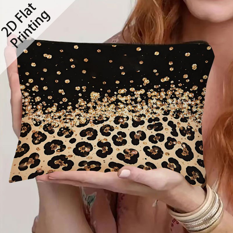 TEMU 1pc, Leopard Golden Glitter Pattern 2d Flat Printing Double-sided Printing Cosmetic Travel Bag, Zippered Toiletry Pouch, Pencil Case, Brushes,