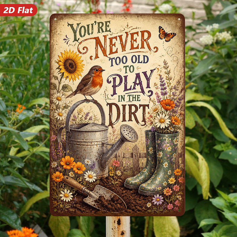 TEMU 2d Flat, 1pc Metal Sign Wall Art, Home Decor, Vintage Style, Garden Themed Painting, With Quote "you're Never Too Old To ", Ideal For Living