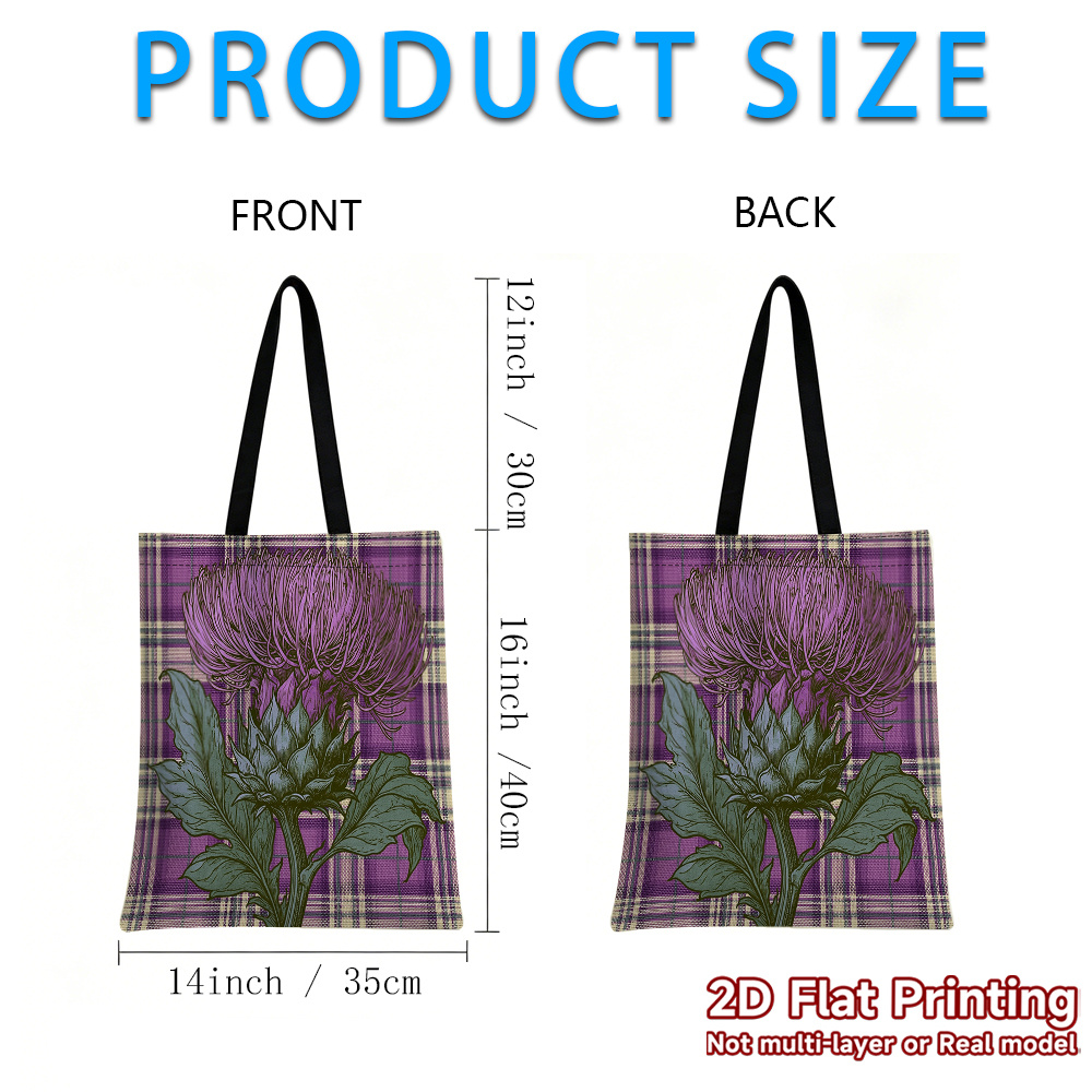 TEMU 2d Flat Purple Thistle On Pattern Canvas Tote Bag Large Capacity Double-sided Print Shopping Handbag Multifunctional Storage Bag Christmas Gift