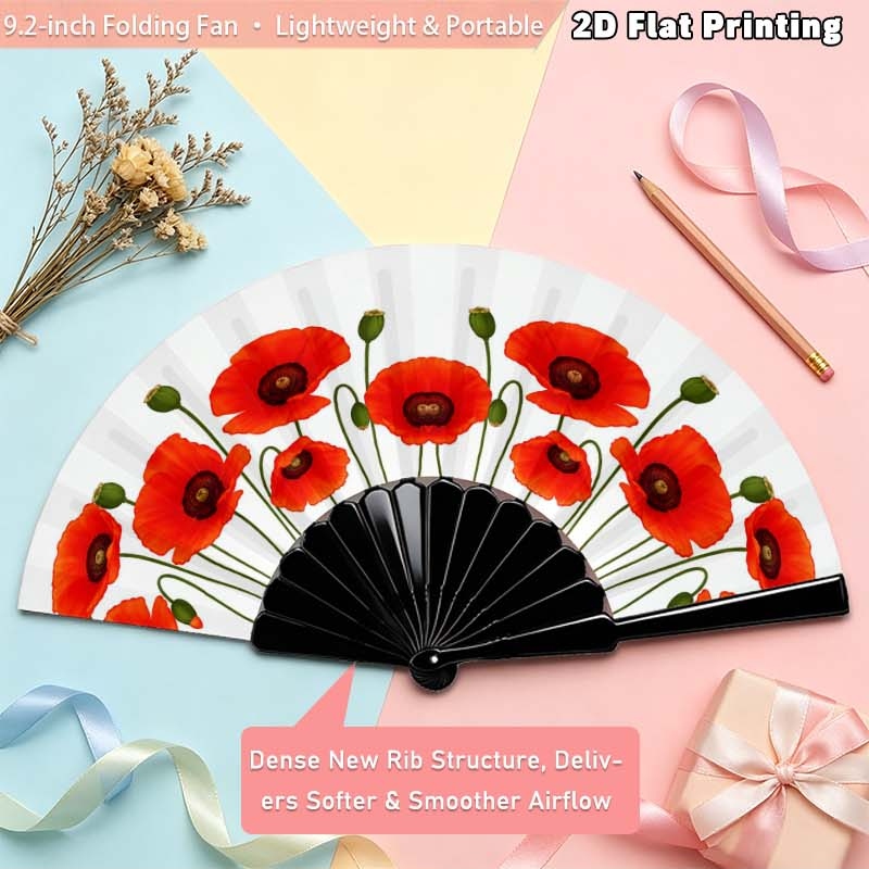 TEMU 2d Flat - 1pc 7-inch Tablet Plastic Fan 2d Flat Printing White Background Vibrant Red Poppy Flower Full Print Handheld Folding Fan Floral