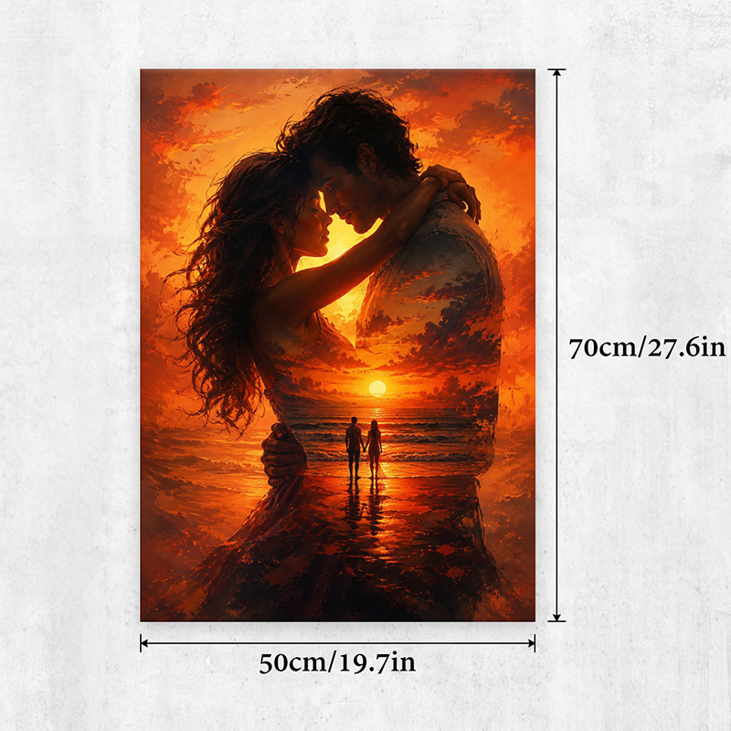 TEMU 2d Flat, 2d/flat, 1pc Wooden Framed Canvas Poster, Romantic Silhouette Home Decor, Sunset Theme, Beach Scene, Couple Motif, Ideal For Living