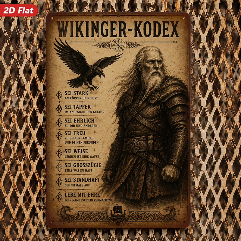 TEMU 2d Flat, 1pc Metal Sign Wall Art, Viking - Themed Home Decor, Featuring Bearded Warrior, , And "wikinger - Kodex" Text, Ideal For Living Room,