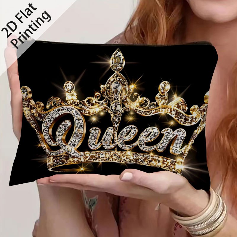 TEMU 1pc Queen Crown Pattern Zippered Cosmetic Bag & Toiletry Organizer - Double-sided Suitable For Travel,, Makeup Storage, Lipstick Holder, Pencil