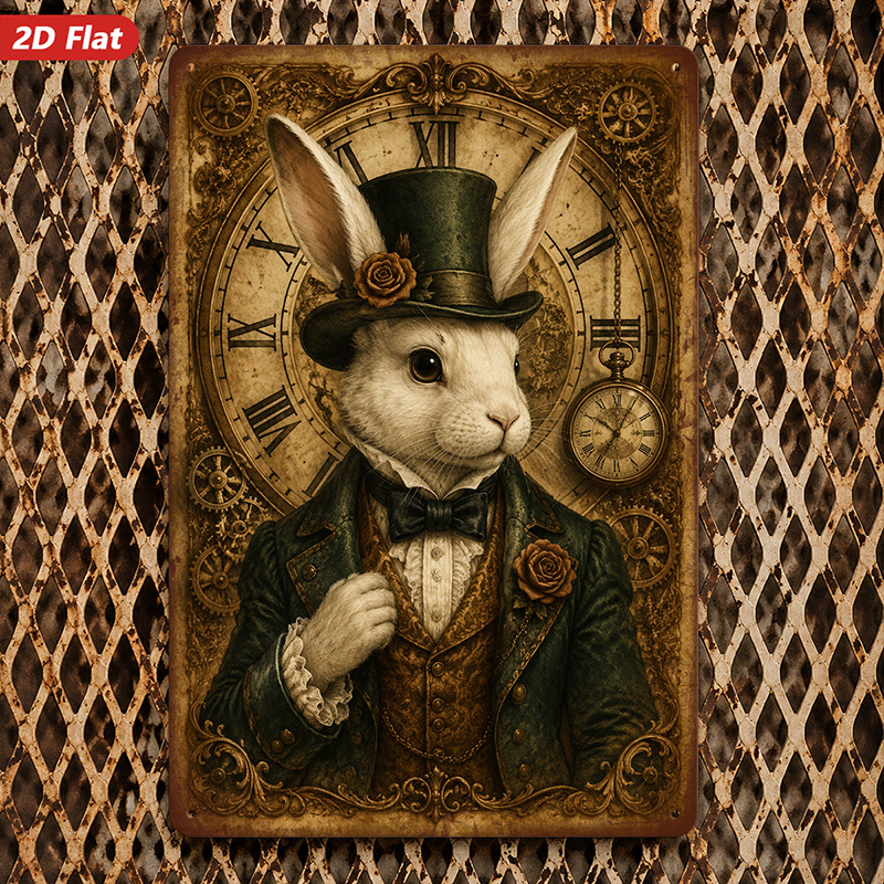 TEMU 2d Flat, 1pc Metal Sign Wall Art, Vintage Rabbit Art, Steampunk Style, Clock Motif, Home Decor, For Living Room, Study, Safe Rounded Corners,