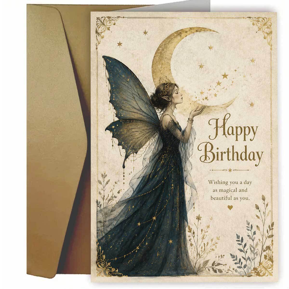 TEMU 1pc Exquisite And Beautiful Birthday Card, Featuring An Elf In A Long Dress With Gorgeous Wings, Gently Holding Starlight And Dancing With The