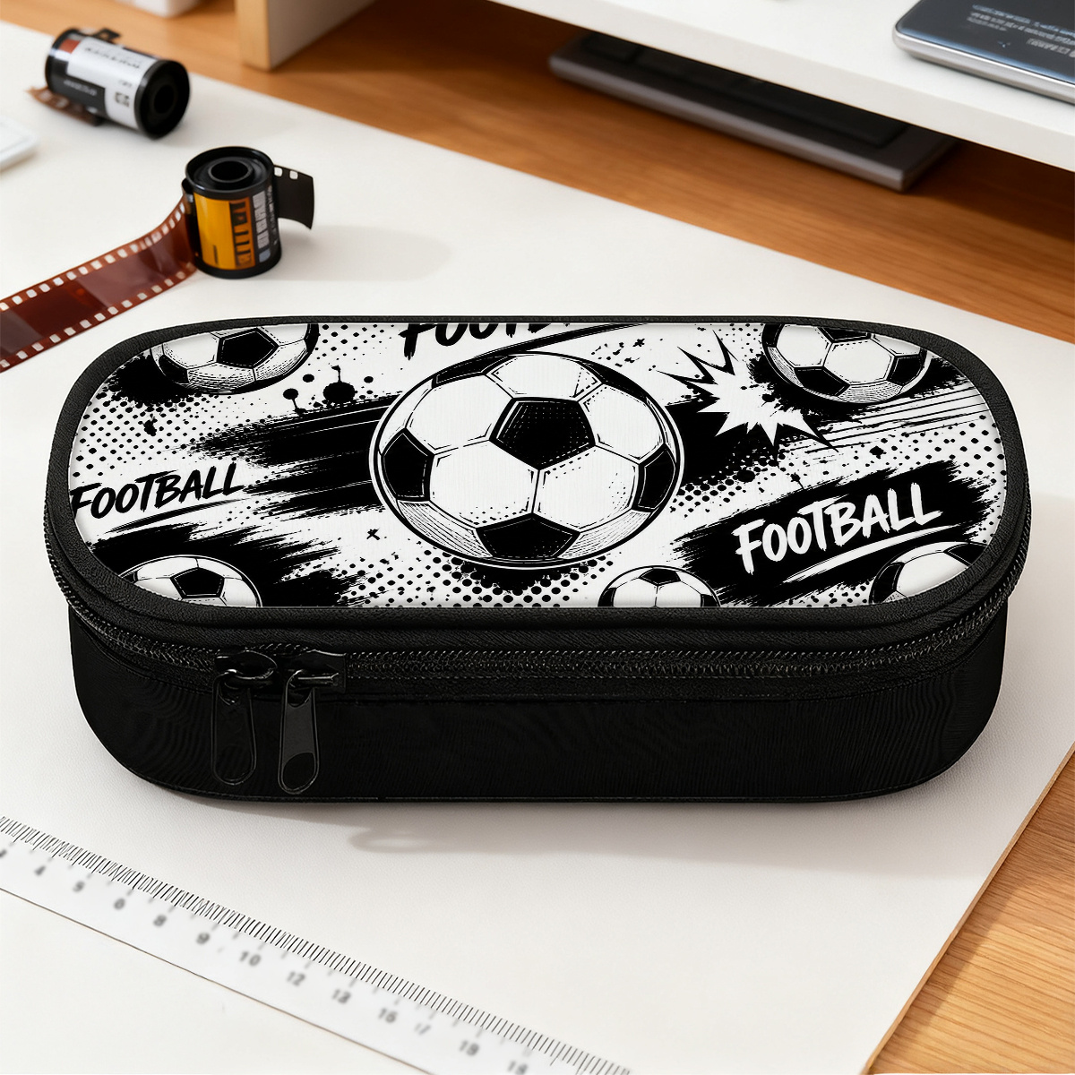 TEMU 1pc Football Balls 2d Flat Themed Large Pencil Case Pen Case With Zippered Compartments, Fashionable Trendy Pencil Pouch With Large Capacity,
