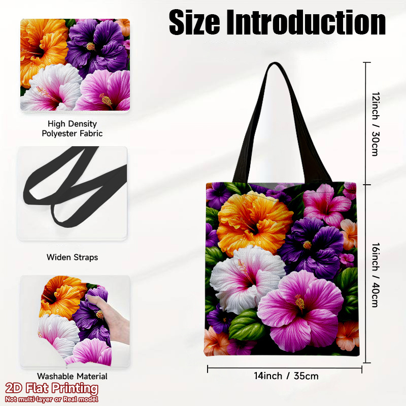 TEMU 1pc Elegant Handbag, Reusable, Multi-functional, Large-capacity Shoulder Bag, Colorful Hibiscus And Floral Arrangement Design, Durable Polyester