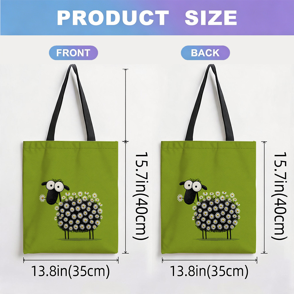 TEMU 2d Flat Black Sheep With Daisies Print Tote Bag Perfect As A Beach Bag Or A Shopping Bag Suitable For Men And Women Reusablegrocerybag, 2d Flat