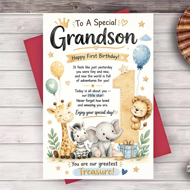 TEMU 1 Envelope And 1 Funny Greeting Card Greeting Card For Grandson First Birthday Celebration Cute Animal Design Decorative Paper Card For And