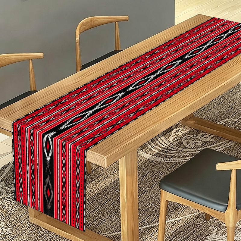TEMU 1pc 2d Table Flag, Geometric Diamond Stripe Table Runner In Red Black White | Modern Bohemian Style, Ideal For Holiday Dining Tables & Festive
